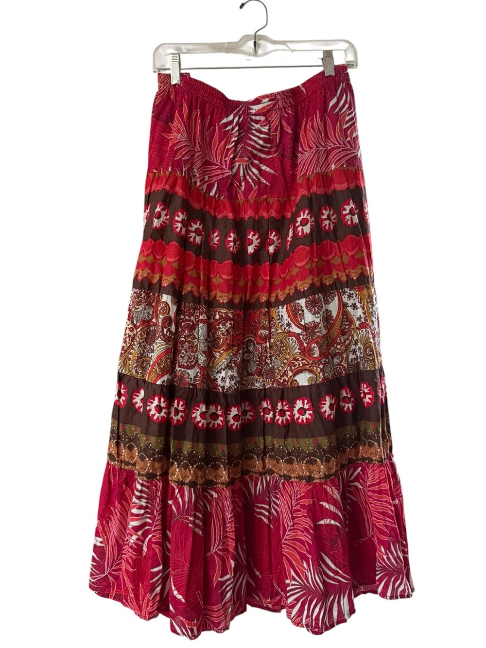Women's Boho Colorful Patterned Tiered Maxi Skirt - Skirt Size XL Pink Red Brown
